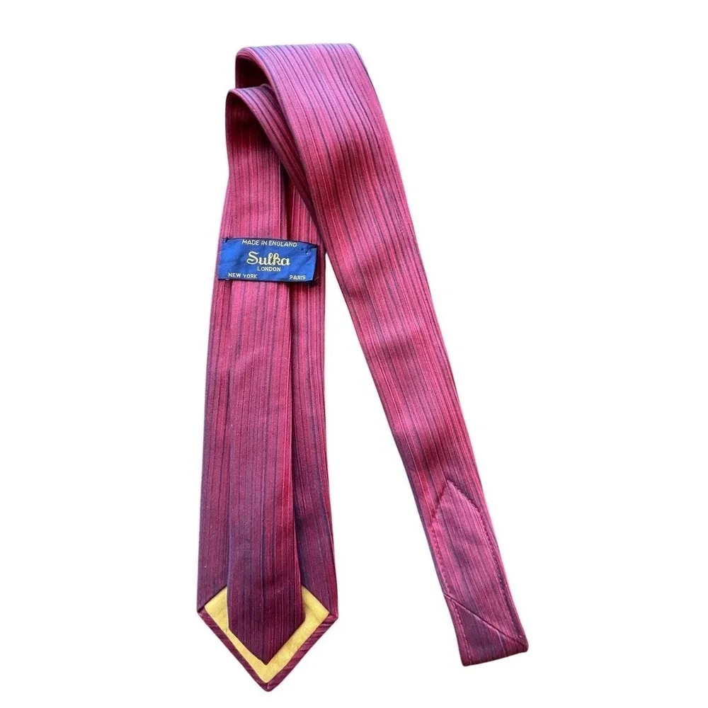 Sulka London Silk Tie Mens Red Burgundy Striped Handmade in‎ England Vintage
